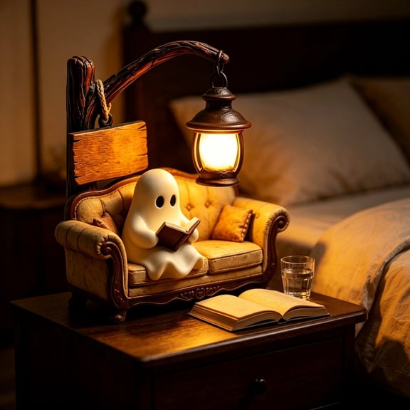 Mivyn 2026 New Ghost Reading Book Lamp, Cute Ghost Reading on Couch, 3D Resin Halloween Ghost Night Light Ghost Warm Light Indoor Decor Lamp Glowing Halloween Ghost Decorations for Bedroom