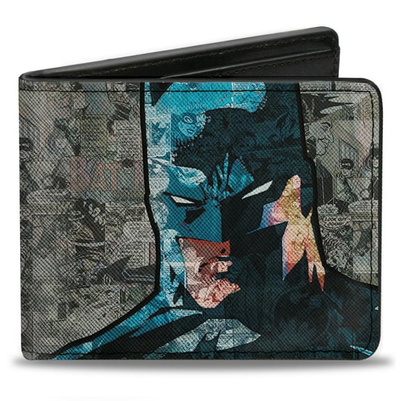 DC Comics Wallet, Bifold, Batman Face Comic Scenes, Vegan Leather