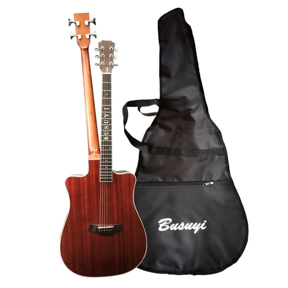 Busuyi Acoustic Electric Guitar 4 String Bass 6 String Lead Acoustic, Travel Acoustic Guitar with Classical Metal Heel 41 inch Bass Guitar, 39inch Acoustic, Double Neck Guitar (Brown)  All Levels
