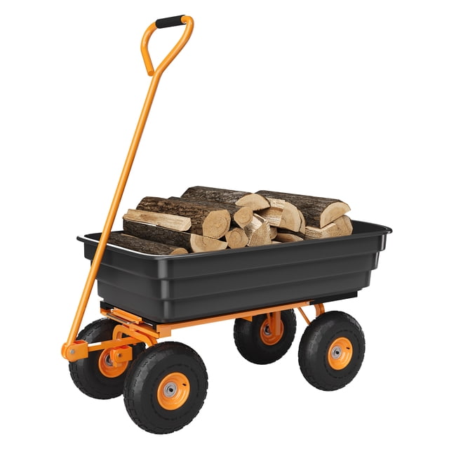 Chariot-benne de Jardin Robuste, Chariot Utilitaire d'Extérieur de 600 lb Ou 1200 lb avec 4 Roues Tout-Terrain de 10 Pouces, Poignée Réglable à 180° et Dégagement Rapide, Vert Noir Orange