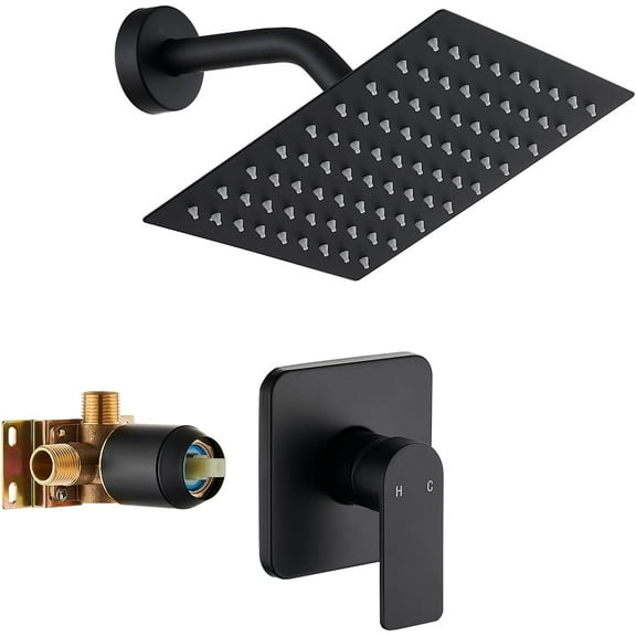 Black Shower Faucet Single Function Trim Kit with Rough-in Valve Set Bath Rainfall Shower System 8inch Square Stainless Shower