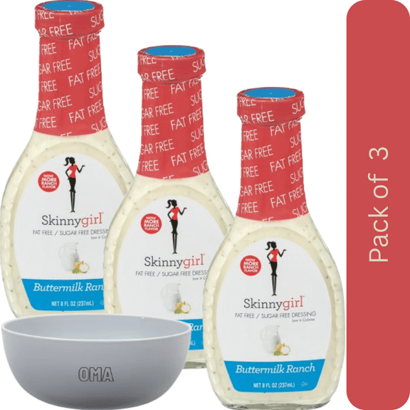 Skinnygirl Fat-Free Sugar-Free Buttermilk Ranch Dressing, 3 Pack (8 fl oz Each) – with Bowl by OMA