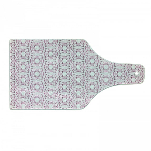 Pink Damask Cutting Board, Floral Branches Leaves Motifs on Pastel Striped Background, Decorative Tempered Glass Cutting and Serving Board, in 3 Sizes, by Ambesonne