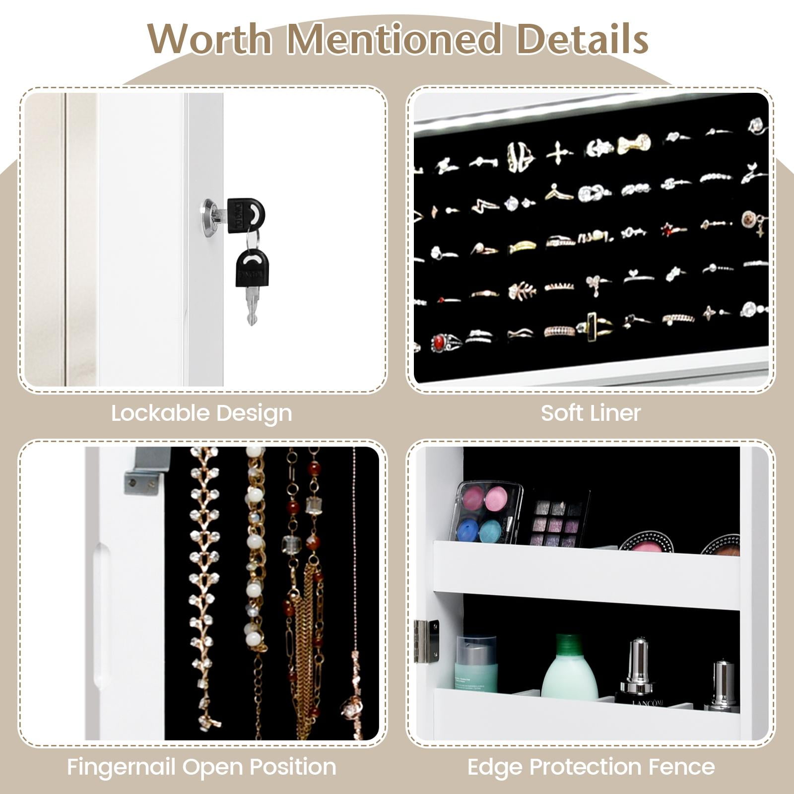 Giantex LED Jewelry Cabinet Wall Door Mounted, Lockable Jewelry Armoire w/Full Length Mirror, Cosmetics Tray, Brush Holders, Build-in Makeup Mirror for Women Girls (White)