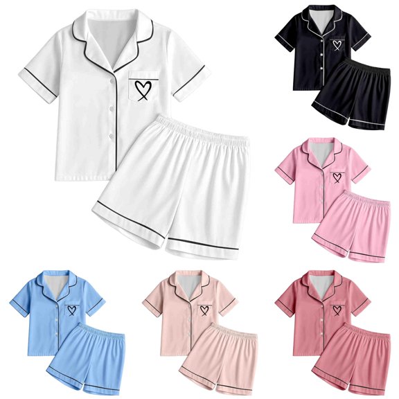 FYDUU Little & Big Girls Pajamas Button Down Sleepwear Set Heart Print Short Sleeve Shorts 2Pcs Pajama Sets Casual Lapel Loungewear 10-11 Years
