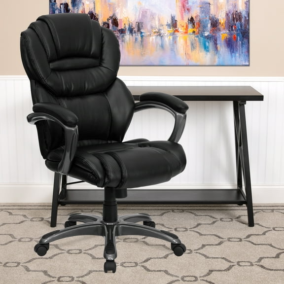 BizChair High Back Black LeatherSoft Executive Swivel Ergonomic Office Chair with Accent Layered Seat and Back and Padded Arms