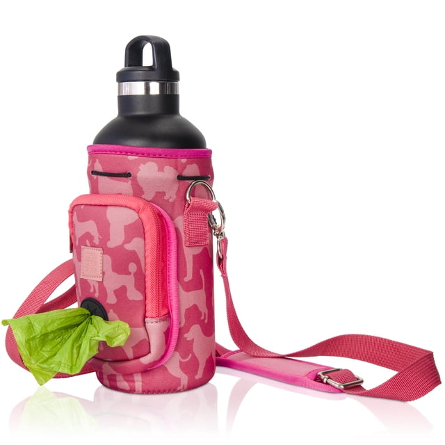 Made Easy Kit Water Bottle Carrier with Pocket for Dog Poop Waste Bags and Adjustable Padded Shoulder Strap