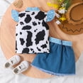 thumbnail image 5 of UAYOTSE Toddler Girl Denim Western Outfit Baby Cowgirl Clothes Ruffle Cow Print Shirt Button Tops Belted Jeans Shorts,5-6 Years Blue, 5 of 9