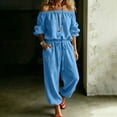 thumbnail image 2 of Ygbgbb Womens Off Shoulder 3/4 Sleeve Drawstring Waist Jogger Jumpsuit with Side Pockets for Vacation Blue XXL, 2 of 4
