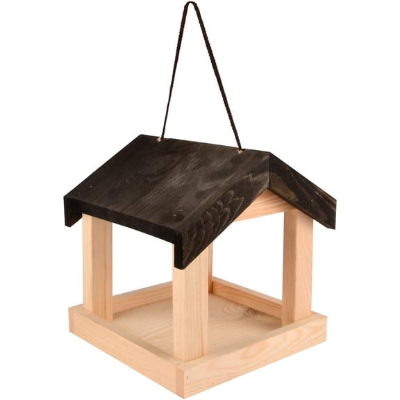 Esschert Design FB463 Hanging House-Shaped Wood Bird Feeder with Rope, 8"L x 7.88"W x 9"H
