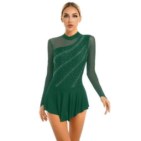 TiaoBug Women Rhinestone Figure Skating Dance Dresses Long Sleeve Sheer Mesh Lyrical Leotard Dress Green L