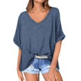 thumbnail image 2 of Womens Shirts Blouse Women's Oversized Monochromatic Quarter Sleeved V-neck Sports Shirt Casual Loose Pullover T-shirt Top, 2 of 7