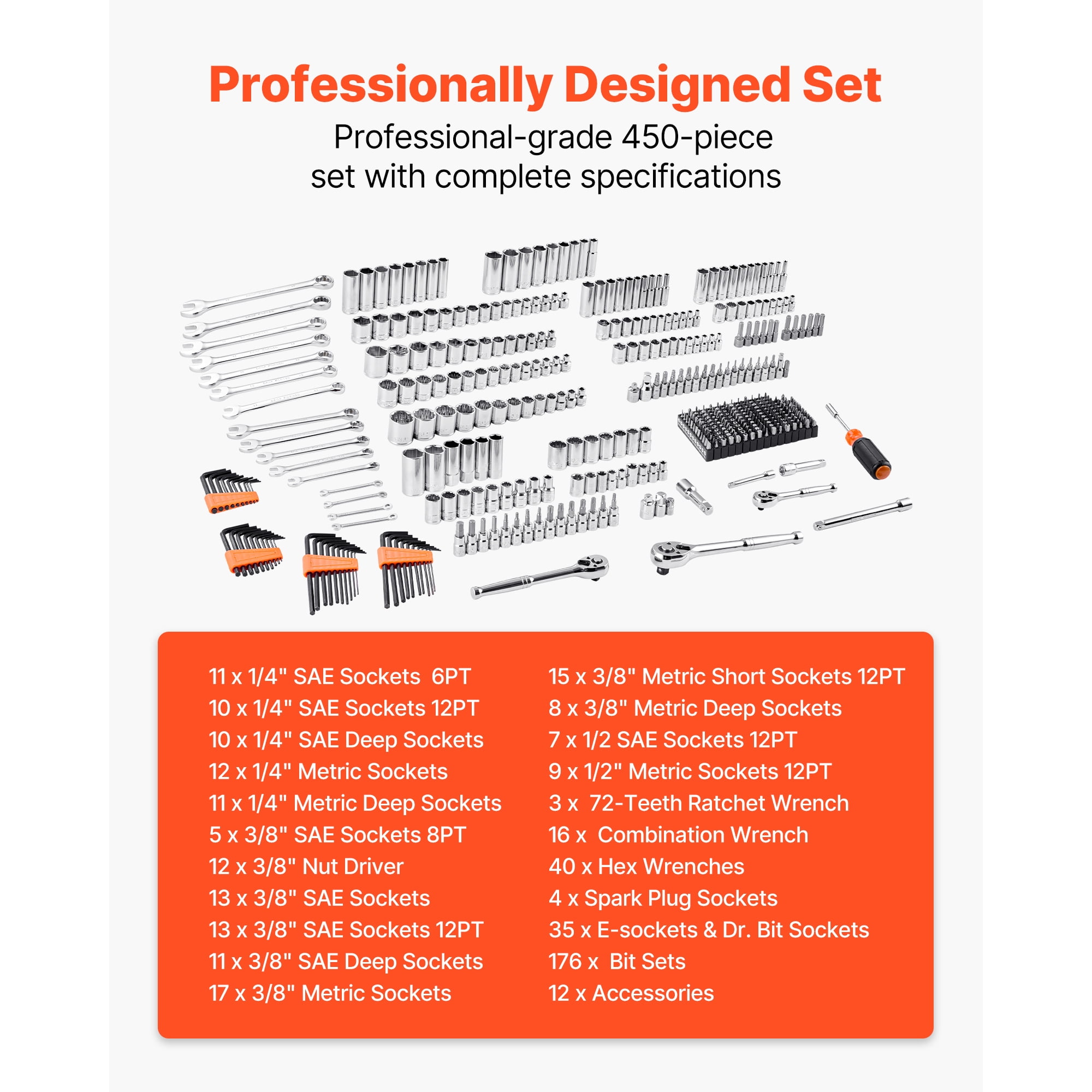 KFFKFF Comprehensive Mechanics Tool and Socket Set, 450 Pieces, Includes 1/4, 3/8, and 1/2 Inch Drive Deep and Standard Sockets, SAE and Metric Tools with Bits, Wrenches, Accessories