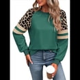 thumbnail image 2 of Women's Crew Neck Sweatshirt Casual Leopard Patch Pullover Long Sleeve Tops for Fall Spring Jumper Green S, 2 of 9