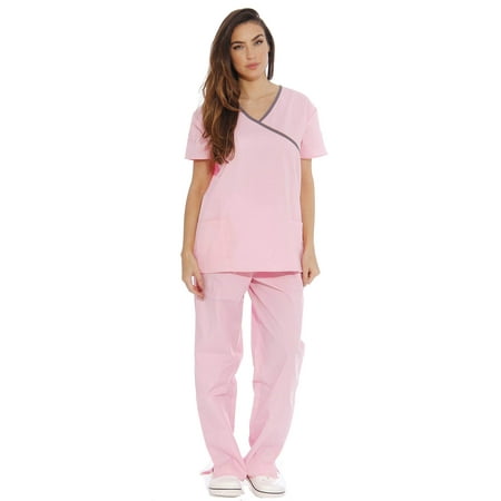 

Just Love Women s Nurse Scrub Sets - Mock Wrap Style for Comfort and Style (Light Pink With Steel Grey Trim 2X)