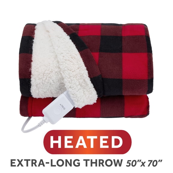 Sunbeam Heated Electric Microplush Faux Shearling Throw Blanket, Red and Black Buffalo Plaid, 4 Heat Settings, 50 x 70 in