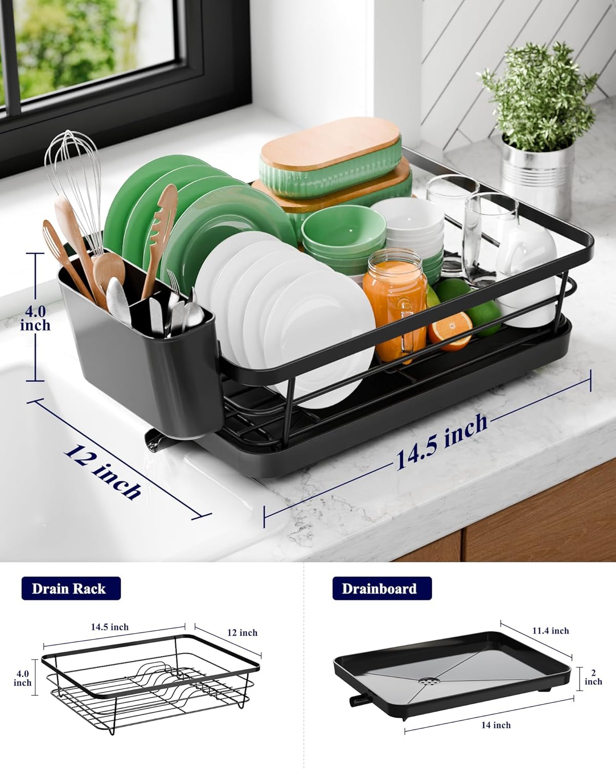 Dish Drying Rack - Compact Dish Rack with Utensil Holder & Adjustable Water Outlet, Rust-Proof & Scratch-Resistant Drying Rack for Kitchen, 14.5" x 12.0" x 4.0", Black