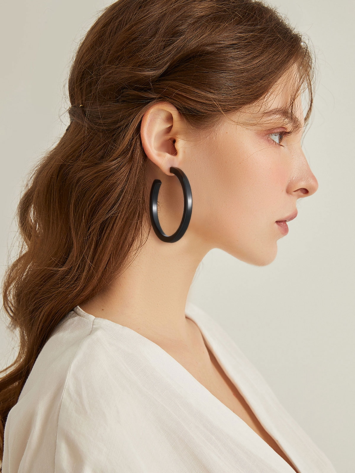 FOCALOOK Black Hoop Earrings for Women Hypoallergenic Lightweight Large Chunky Thick Trendy Cube Tube Open Hoop Earrings 60mm