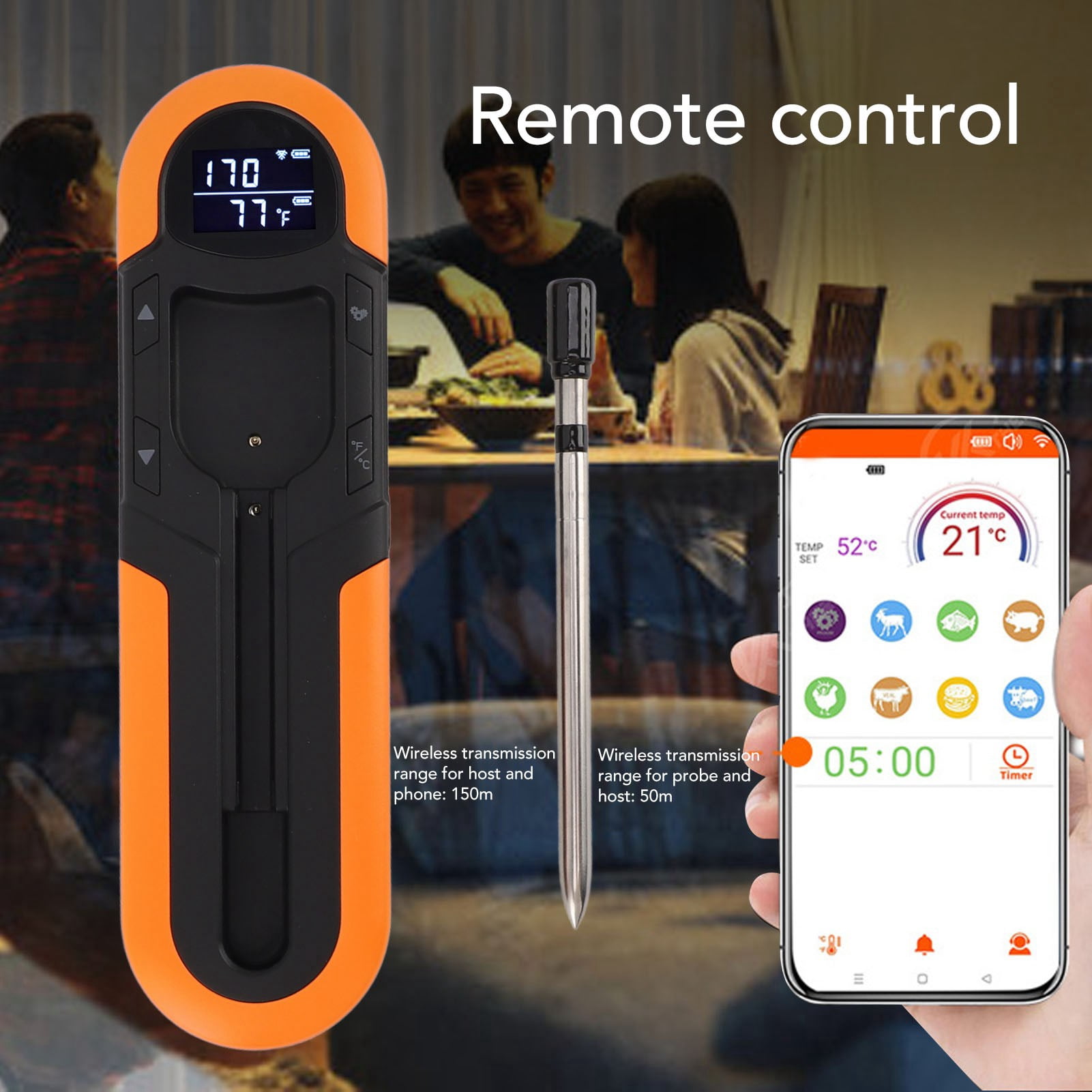 Riousery Wireless Meat Thermometer with Timer Smart Alarm IP66 Magnetic 500mAh Bluetooth Meat Thermometer for Roast BBQ Grill Oven