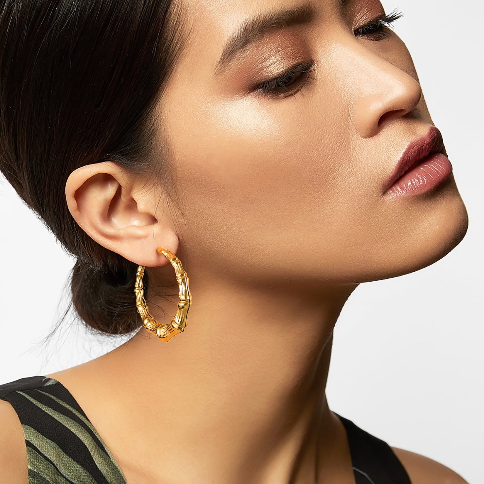 U7 Large Big Hoop Earring for Women Stainless Steel Gold Plated Bamboo Earrings 40mm Christmas Anniversary Gift for Mother Wife
