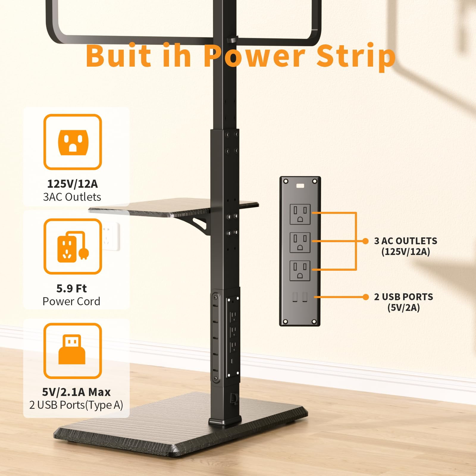 Afaloona Universal Floor TV Stand, TV Floor Mount Stand with Power Outlet & Removable Shelf for 32-75 inch TV up to 110 lbs, Swivel and Height Adjustable Tall TV Stand for Bedroom