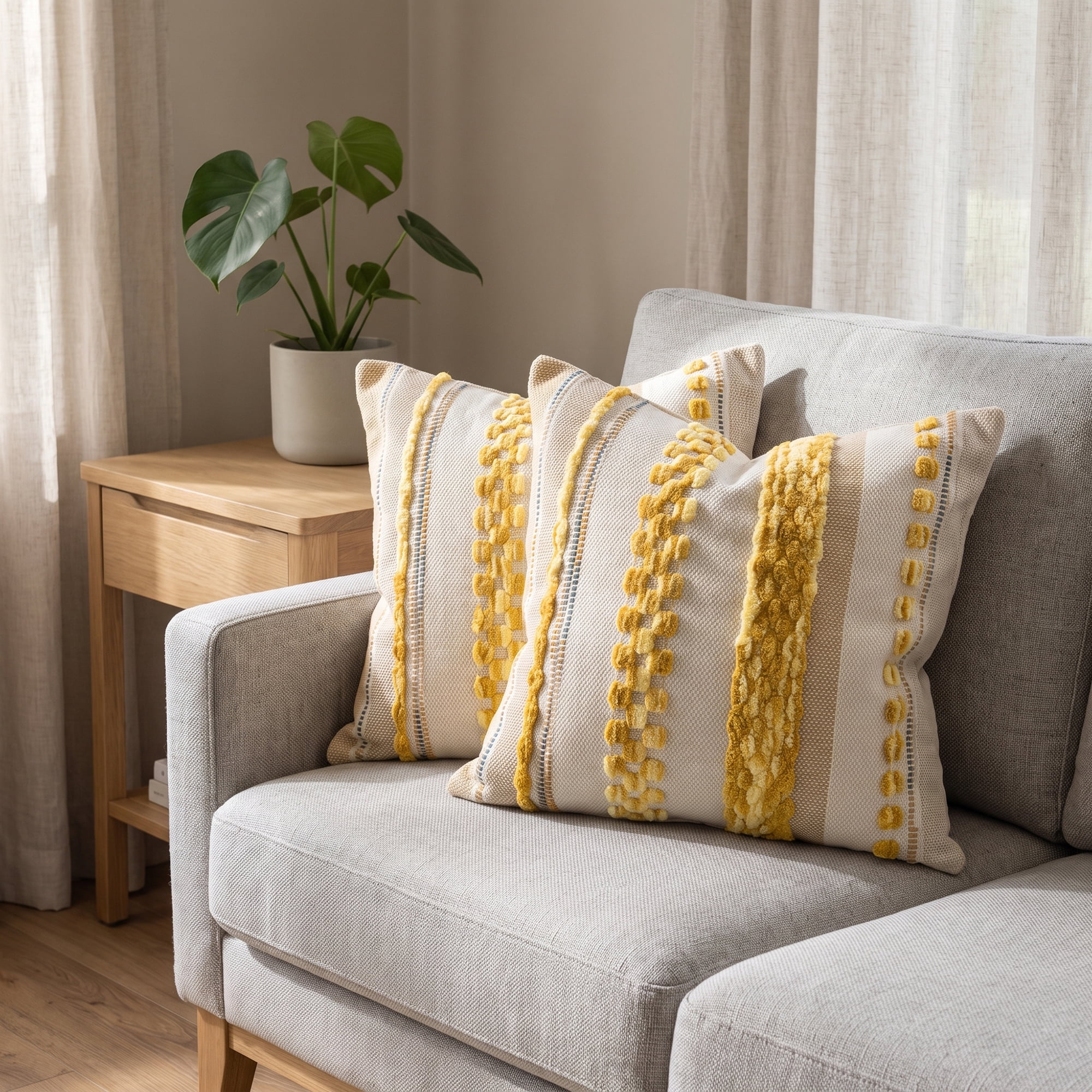 Unique Bargains 3D Chenille Tufted Pillow Cover Grid Stripe Cushion Case Yellow 18"x18"