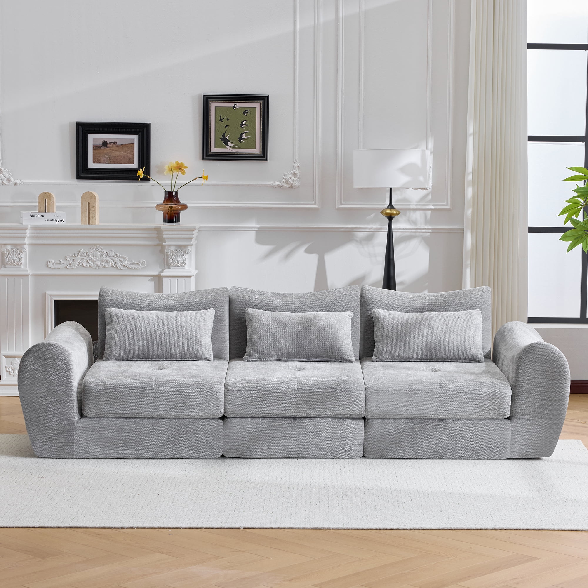101.5" Modular Sectional Sofa,Chenille Cloud Sofa Couch Convertible Folding Sofa Bed for Living Room,Bedroom,Apartment,Grey