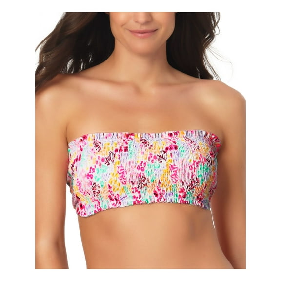 CALIFORNIA WAVES Women's Multi Color Printed Stretch Removable Cups Tie Bikini Convertible Smocked Bandeau Swimsuit Top M