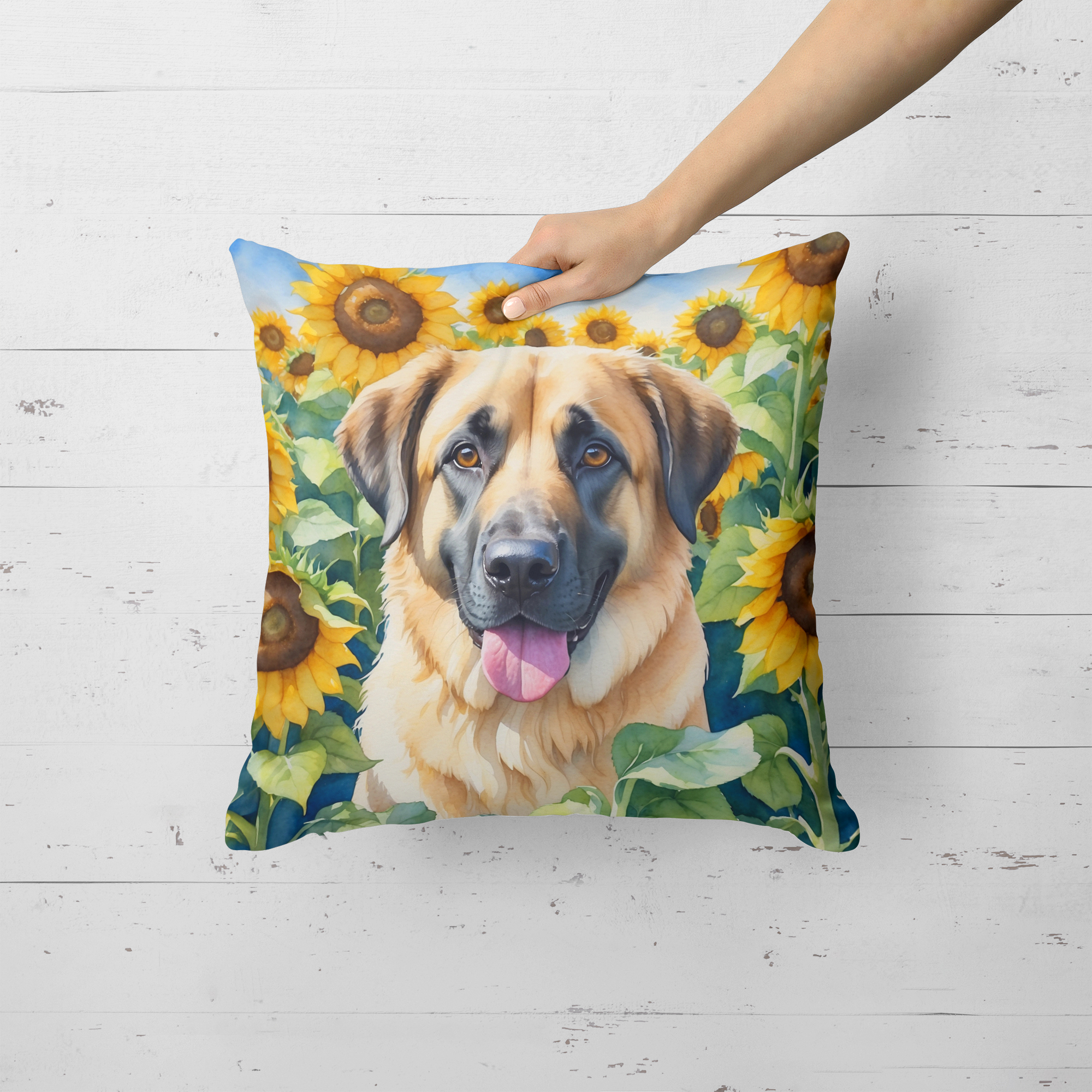Anatolian Shepherd in Sunflowers Throw Pillow 18 in x 18 in