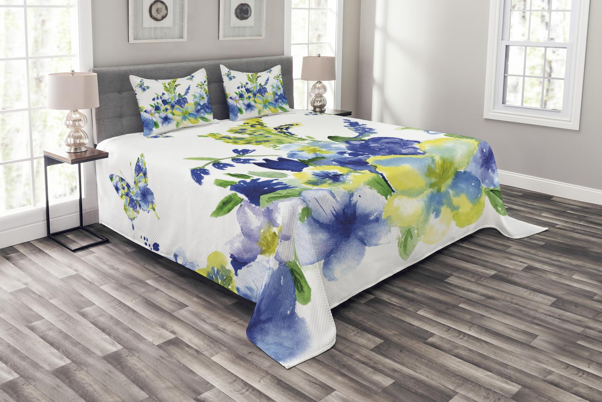 Yellow and Blue Bedspread Set, Spring Flower Watercolor Flourishing Vibrant Blooms Artsy Design