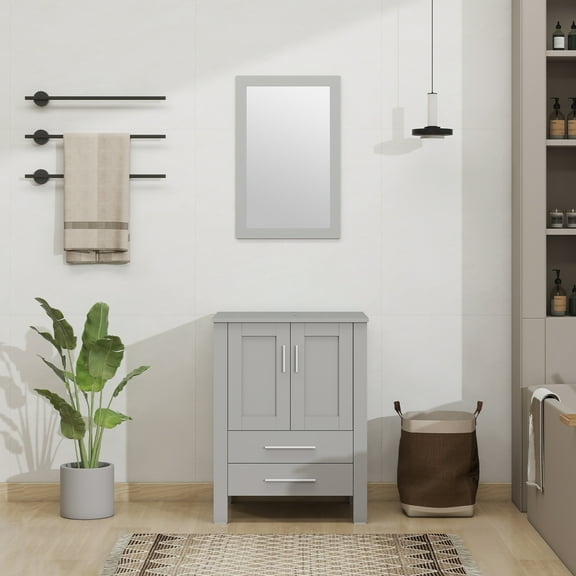 ELECWISH 24-Inch Bathroom Vanity in Gray with Mirror, Modern Stand Pedestal Cabinet with Manufactured Wood Top
