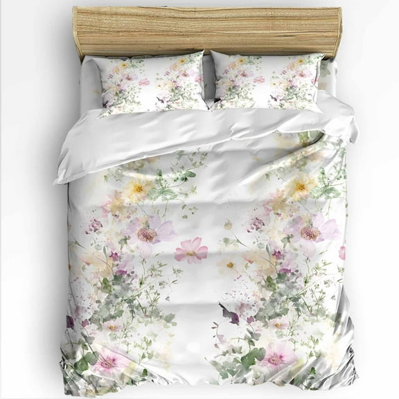 Watercolor Flowers Twin Size Comforter Set, Spring Retro Floral Purple Green Yellow Soft Bedding for All Seasons, 4 Pcs Bed Set with 1 Comforter (68"x86") ,1Sheet(66"x116"), 2 Pillowcases (19"x29")
