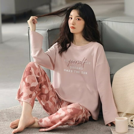 

CoCopeaunt Pure Cotton Pajamas Womens Spring and Autumn Models Long-sleeved Home Service Womens Simple Loose Casual Suit