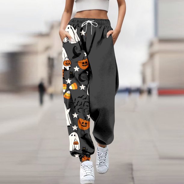 WILLBEST Pantalones Casuales de Moda Para Mujer, Pantalones Deportivos Con Estampado de Calabaza de Halloween, Pantalones Deportivos de Cintura Alta, Pantalones Deportivos Atléticos Con Bolsillos