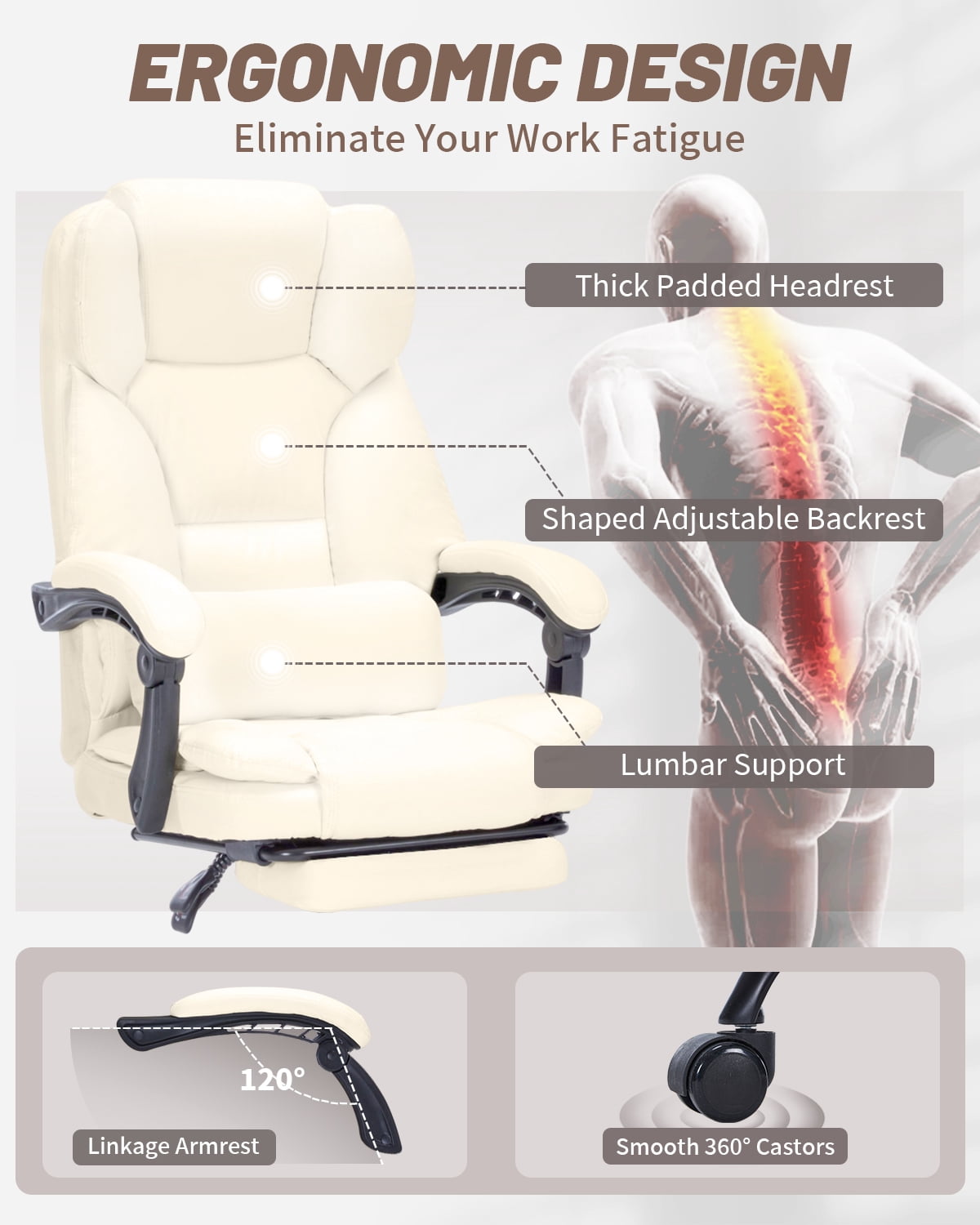 FANTAWESO PU Leather Ergonomic Executive Office Desk Chair, 600lbs Capacity, Reclining Backrest, Spring Cushion Seat, Lumbar Support & Adjustable Armrests for Home Office or Conference Room