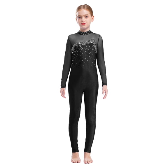 Hansber Girls Long Sleeve Dance Unitards Gymnastics Leotards Full Body Rhinestones Figure Skating Bodysuit with Hairband Black 14