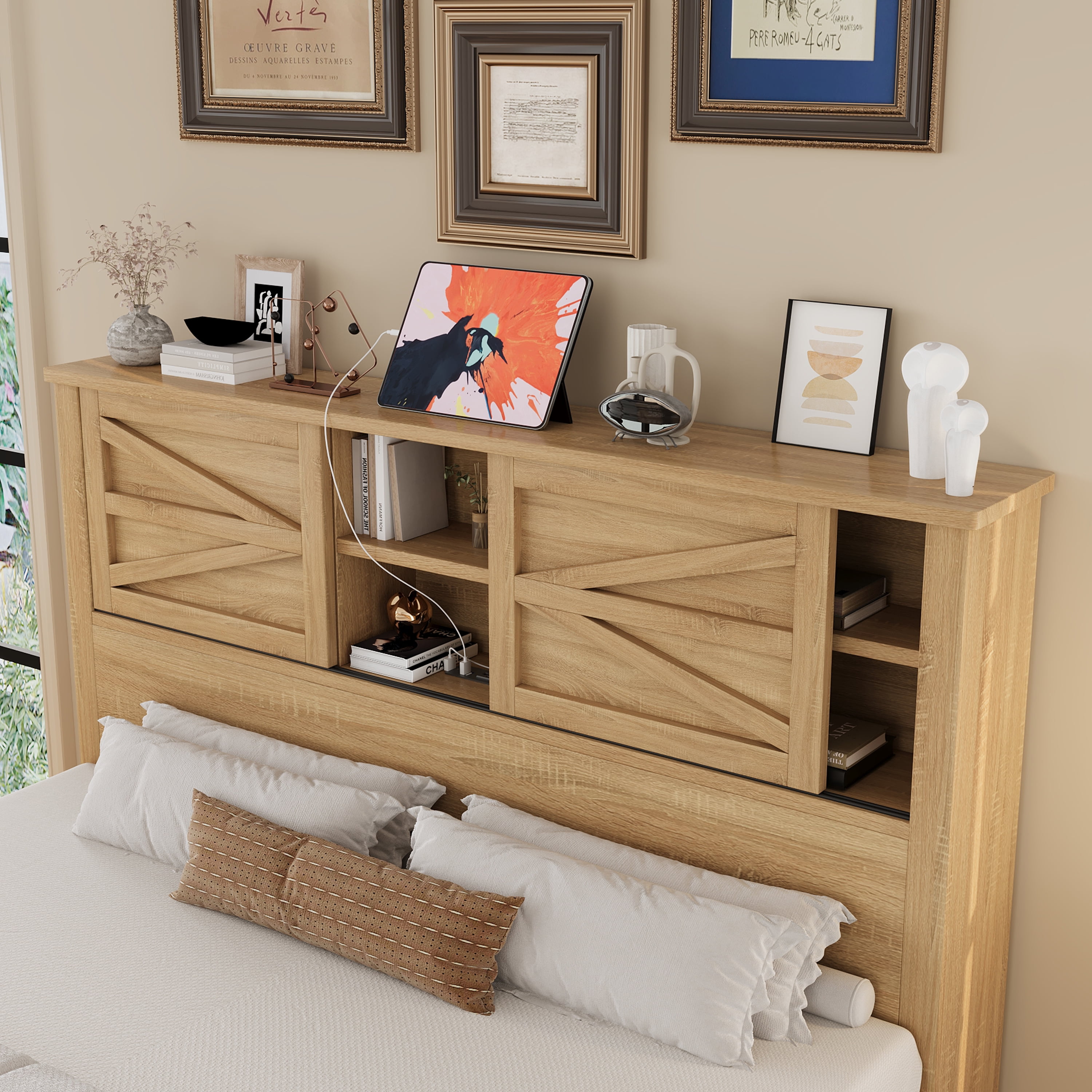 Mintazer 3-Piece Farmhouse Bedroom Set with Nightstand & 6-Drawer Dresser, Queen Platform Bed with Storage Headboard, Natural