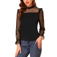 thumbnail image 5 of Allegra K Women's Dots Mesh Sheer Long Sleeve Stand Collar Ruffle Knit Blouse Top, 5 of 6