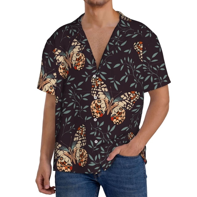 Fotbe Butterfly1 Camisa Estampada de Manga Corta para Hombre, Casual de Verano, Estilo Playero, Sin Arrugas-Medium