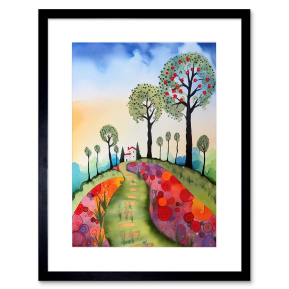 Countryside House Path With Flowerbeds Folk Art Landscape Watercolour Painting Artwork Framed Print Wall Art 9X7 Inch