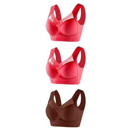 GERsome Wireless Bras for Women Pack of 3 Assorted Color Seamless Full Coverage Comfortable Soft V Neck No Underwire Support Push Up Everyday Bra 3pcs-2Red/Brown XXXL