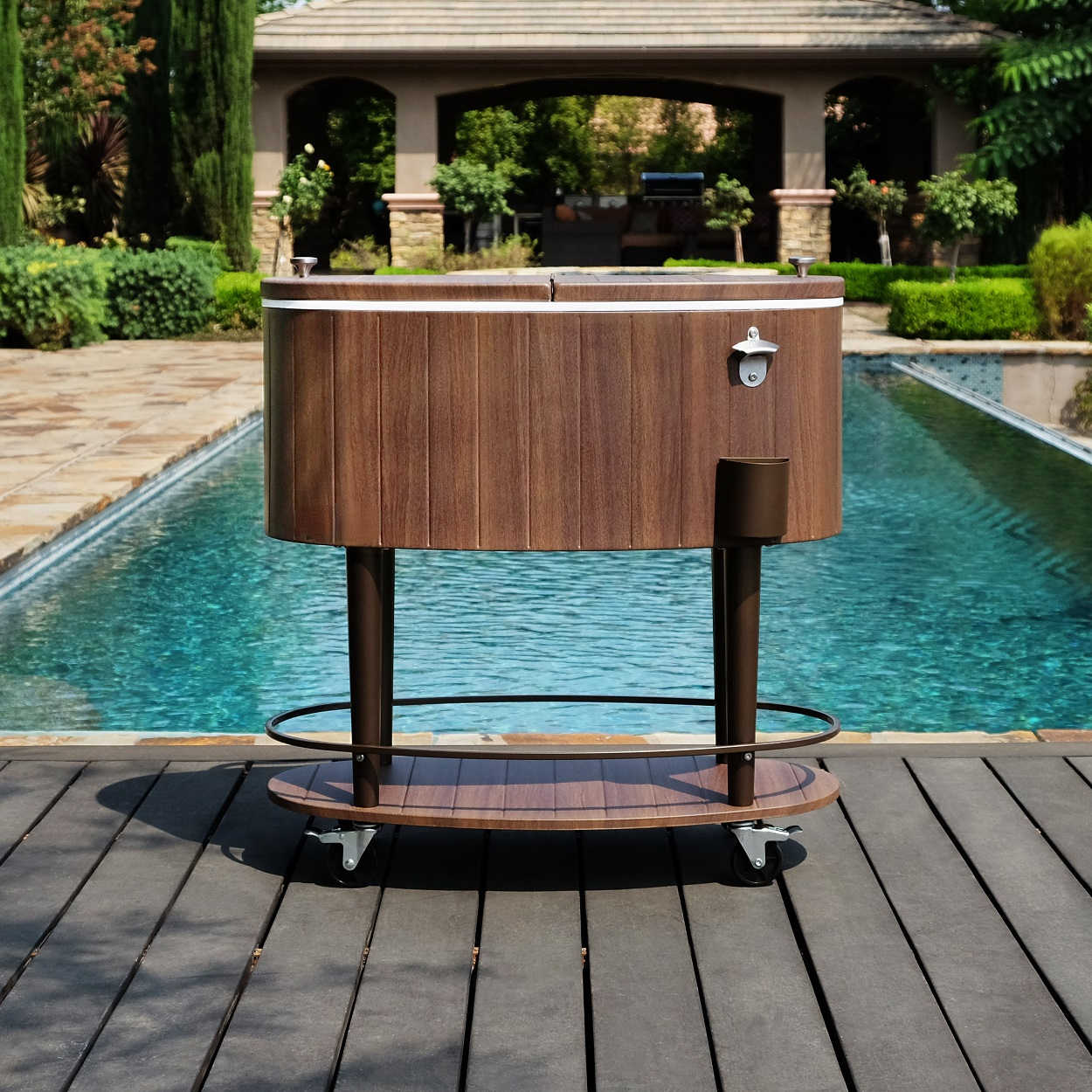 80Qt Patio Cooler on Wheels Rolling Outdoor Cooler Rounded Wood Grain