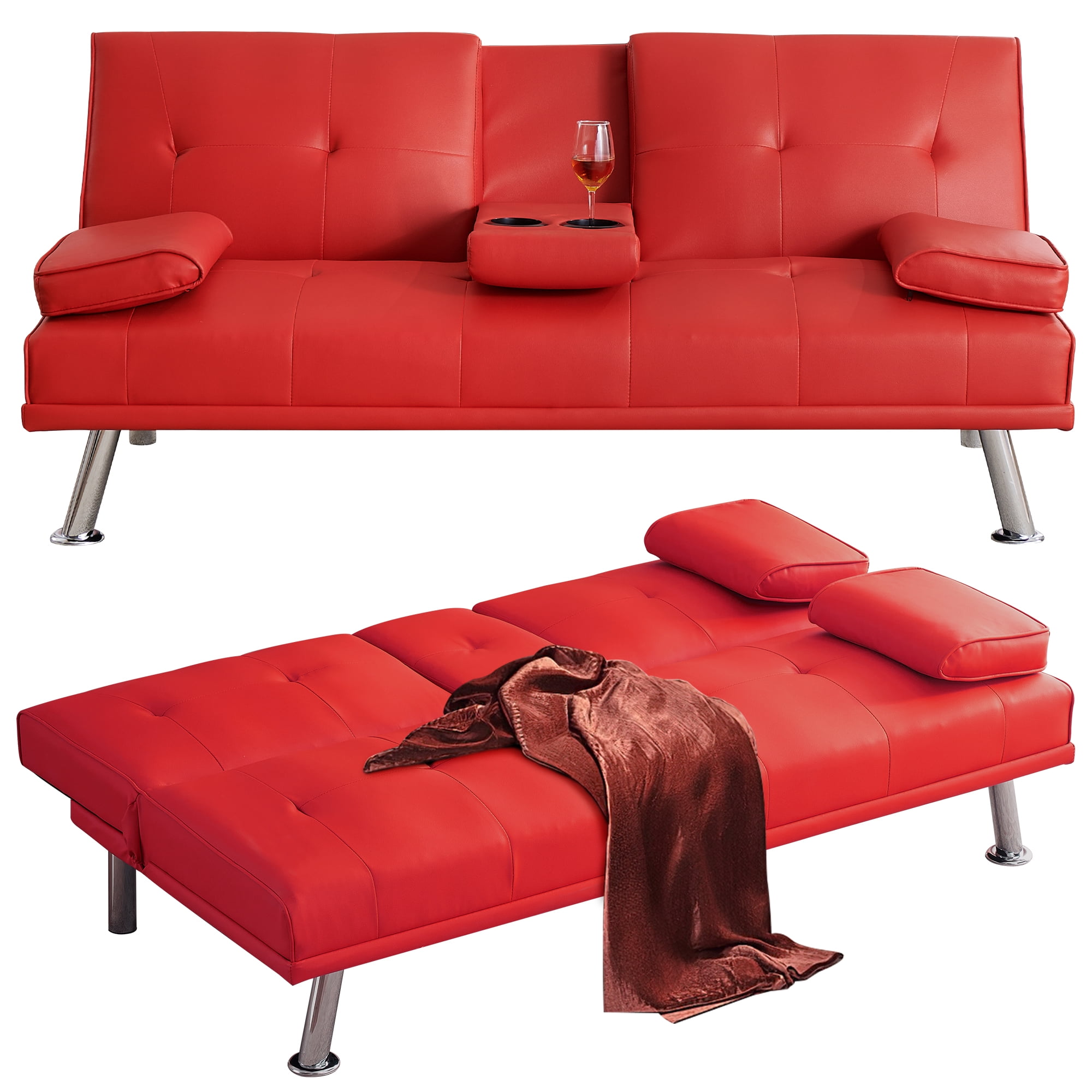 Ucloveria PU Leather Folding Sofa Bed with 2 Cup Holders