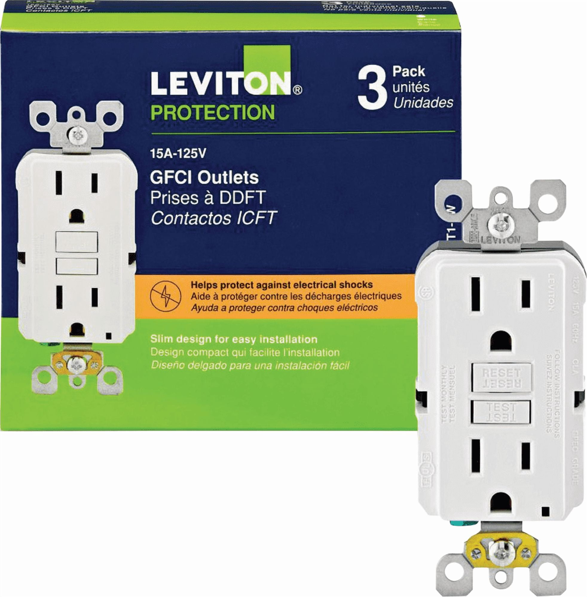 Leviton Tamper-Resistant GFCI Receptacle in White — UL Listed for US Residential Electrical Code Compliance, Drop-in NEC-Standard Wiring