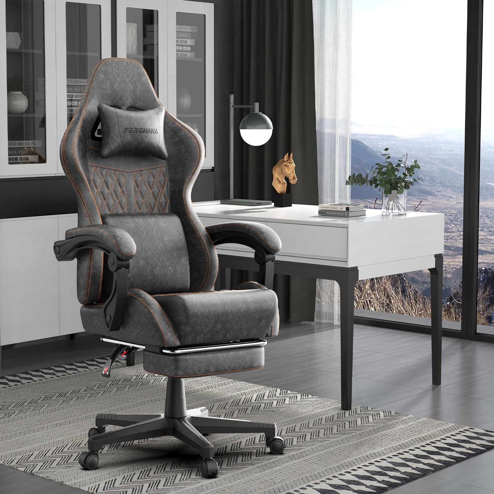 SOONTRANS Gaming Chair with Footrest, Computer Game Chair with Massage Lumbar Support & Headrest, High Back Vintage Office Game Chair for Adults, Grey