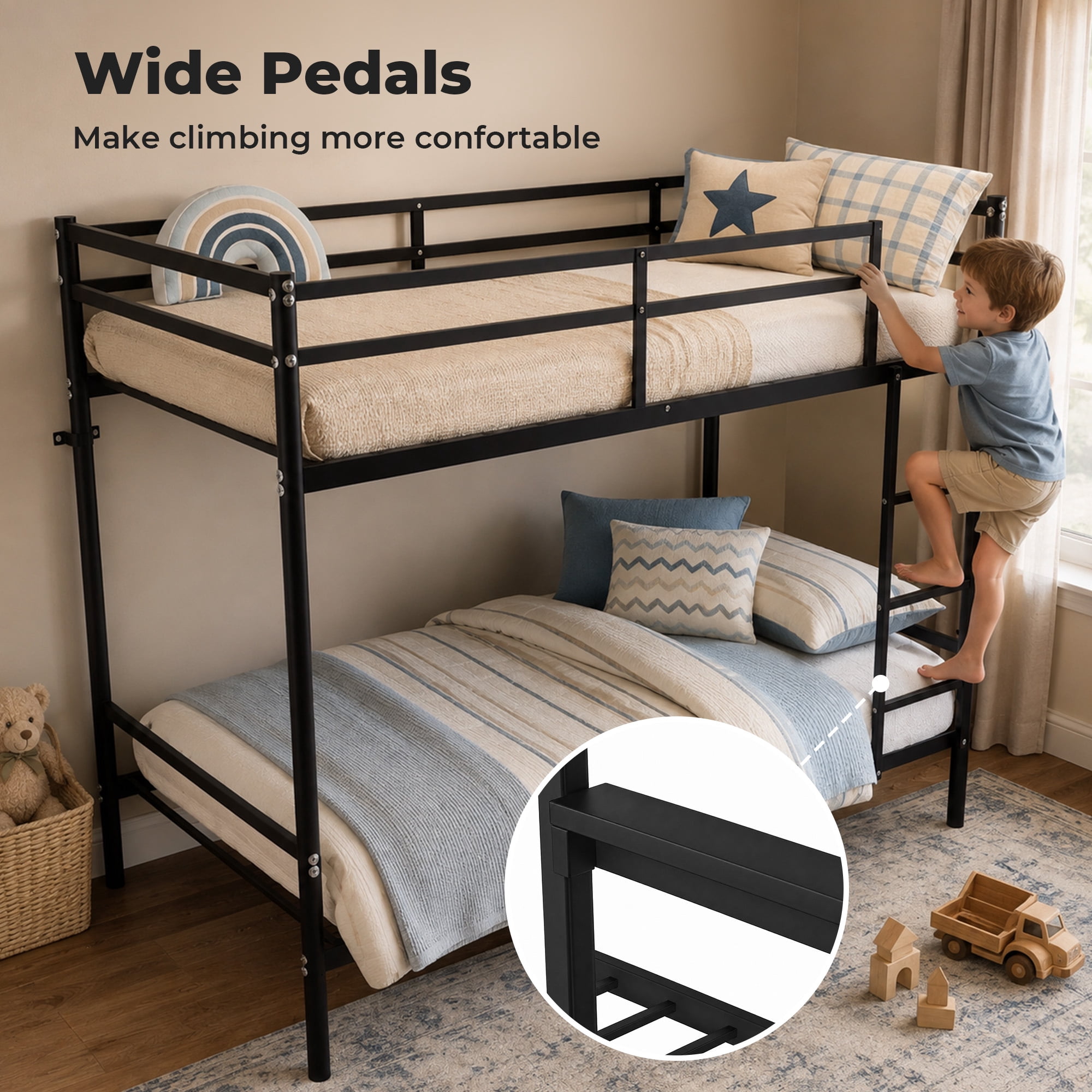 Alvantor Bunk Bed Twin over Twin, Metal Bunk Bed for Kids with Ladder and Anti-tip Bracket Black
