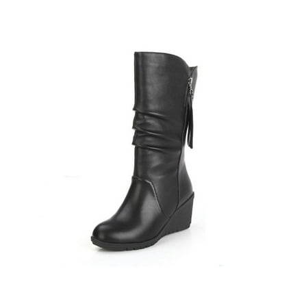 

Ritualay Ladies Non-slip Winter Warm Shoes Slip Resistant Pleated Casual Walking Round Toe High Heel Booties Black 8