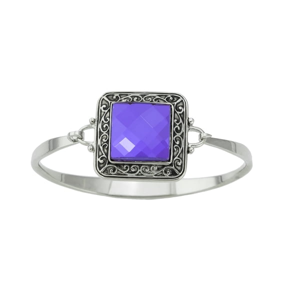 Vintage Style Purple Glass Bangle Bracelet with Side Hook Closure - February Birthstone Jewelry Bracelet Silver