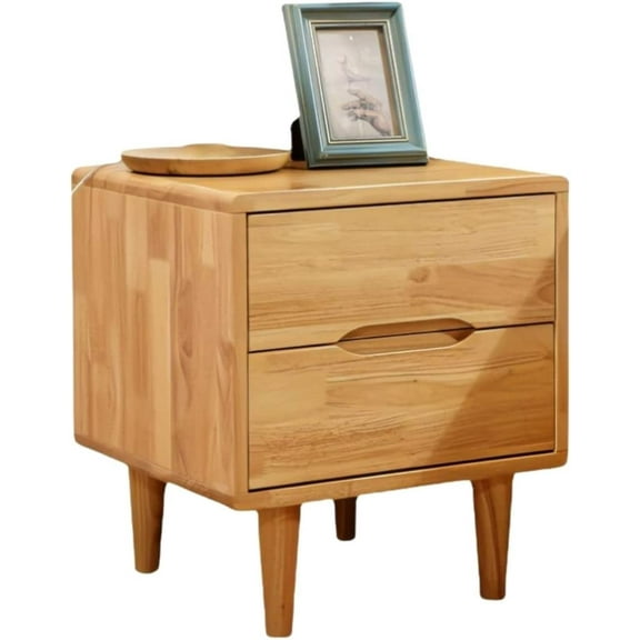 FETCOI Mid Century Wood Nightstand, Walnut Finish Bedroom Storage Drawer and Shelf with 2 Large Storage Drawers, Rustic Square Bedside End Table Side Table (Natural)