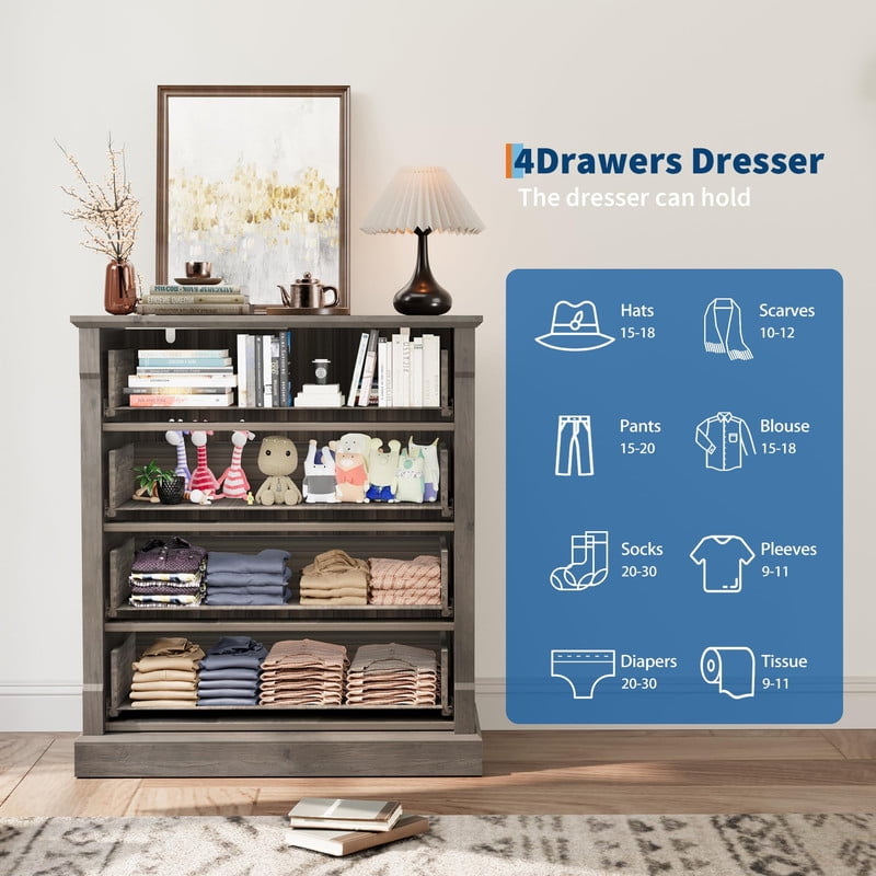 TROPOW Farmhouse 4 Drawer Dresser for Bedroom, Tall Chest of Drawers with Metal Handles, Rustic Wooden Dresser TV Stand, for Living Room, Hallway, Grey